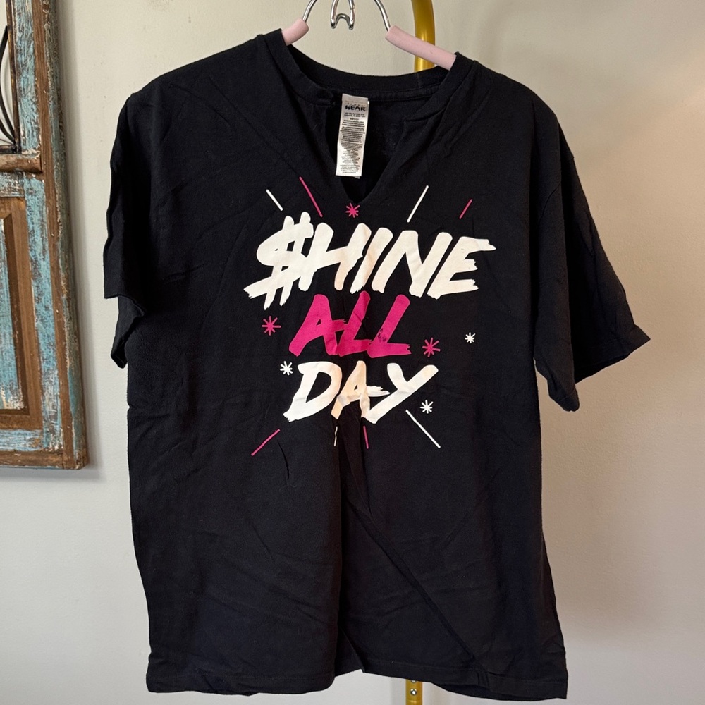 Zumba Fitness Black Tee with White & Pink "Shine All Day" Graphic